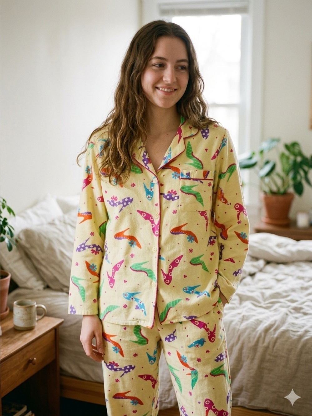 Vtg 90s Sleep Tight High Heels Novelty Pajamas PJ Set M Yellow Flannel/Cotton